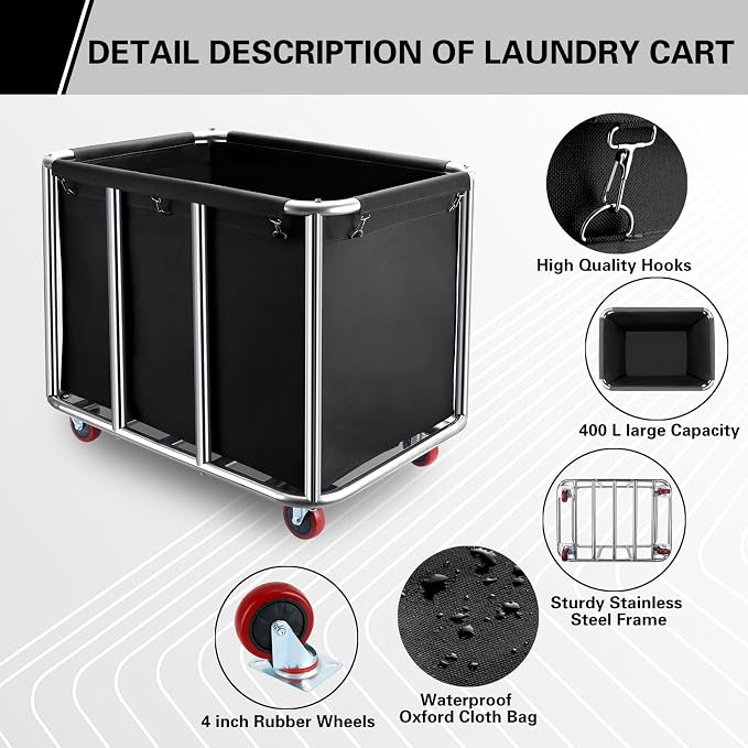 Commercial Laundry Cart with Wheels, 400L Large Industrial Laundry Cart - Image 4