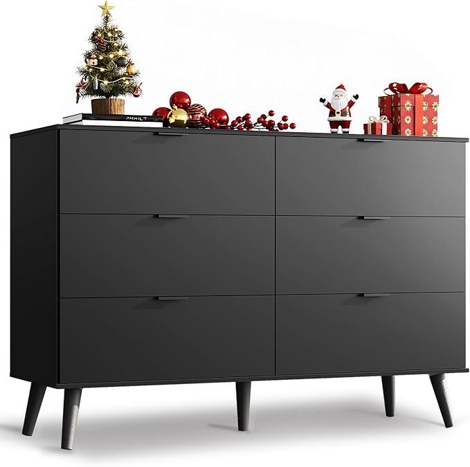 WLIVE Black Dresser for Bedroom, 47.24'' Wide 6 Drawer Wooden Dresser Storage by WLIVE
