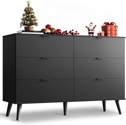 WLIVE Black Dresser for Bedroom, 47.24'' Wide 6 Drawer Wooden Dresser Storage by WLIVE