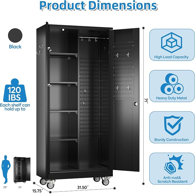 SUXXAN Broom Closet Storage Cabinet with13 Hooks and Hanging Rods, Laundry Room - Image 3