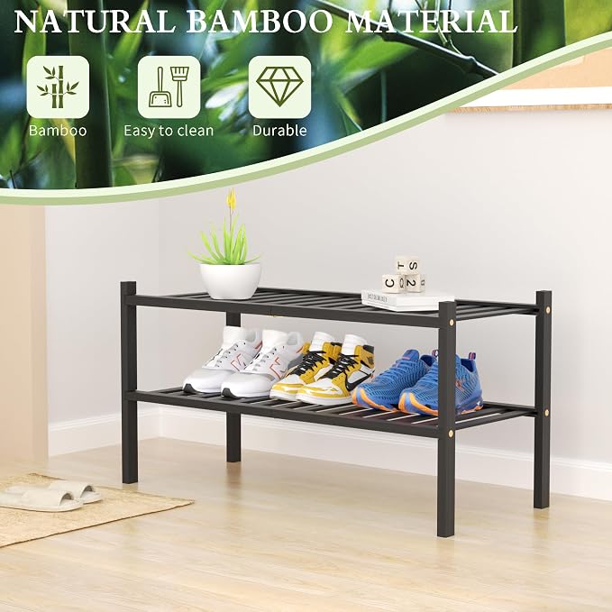 2 Tier Bamboo Shoe Rack for Closet Free Standing Wood Shoe Shelf for Entryway - Image 6