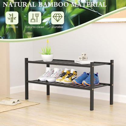 2 Tier Bamboo Shoe Rack for Closet Free Standing Wood Shoe Shelf for Entryway - Image 6