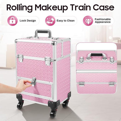 Rolling Makeup Train Case with Drawers, Portable Rolling Makeup Cart with Wheels - Image 6