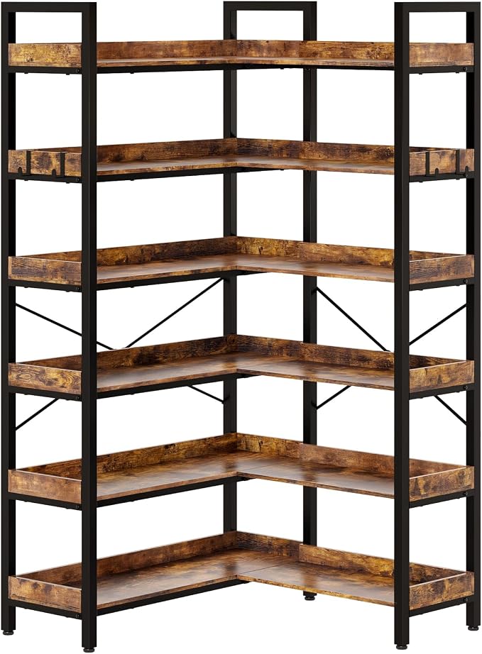 KOUSEI 6-Tier L-Shaped Reversible Corner Bookshelf, Wide Open Shelves + 4 Hooks - Image 4