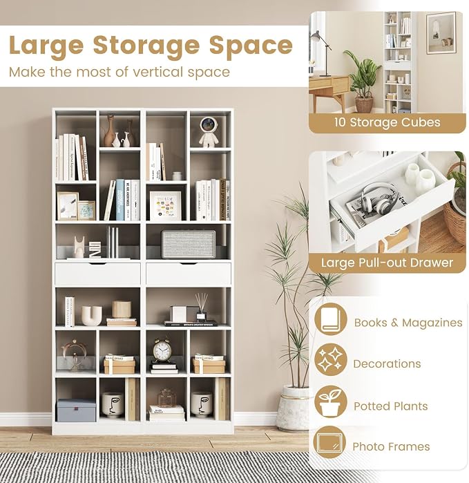 Giantex 71" Bookcase with Drawer Set of 2, Tall Freestanding Bookshelf with 10 - Image 6