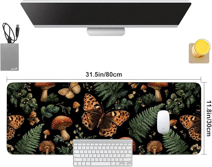 Vintage Butterfly Mushroom Mouse Pad – Large Extended Desk Mat 31.5 x 11.8 in– - Image 8