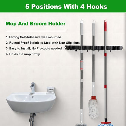voze 5 Racks and 4 Hooks Mop and Broom Holder Wall Mount, Self Adhesive Heavy - Image 2