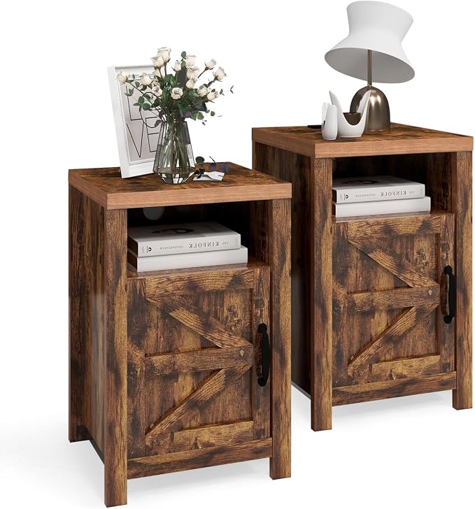 Farmhouse Nightstand with Charging Station, Couch Side Table Set of 2, Bedside - Image 6