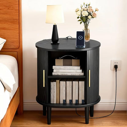 Nightstands Set of 2 & Charging Station, Fluted Accent Side Table - Image 7