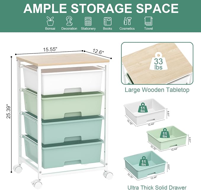 Utility Cart with 4 Drawers, Rolling Storage Cart with Drawers, Storage Rolling - Image 3
