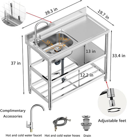 Free Standing Stainless-Steel Single Bowl Commercial Restaurant Kitchen Sink - Image 2