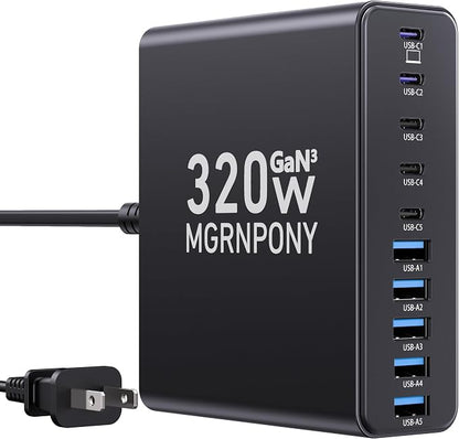 320W USB C Charger Block, 10-Port USB C Charging Station GaN III PD 65W Laptop by MGRNPONY