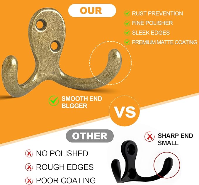 10 Pack Coat Hooks Wall Hooks for Hanging, Heavy Duty Double Prong Metal Hook - Image 5