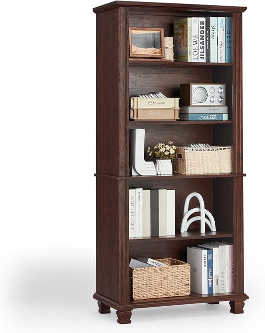 70" Tall Walnut Bookshelf, 5 Tier Wooden Book Shelf by SAVORLIFEFurniture