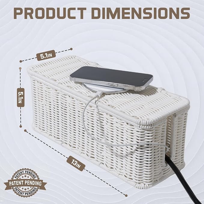 Cable Management Box, Handmade Rattan Cable Organizer, 2 Open Slots Cords Hider - Image 2