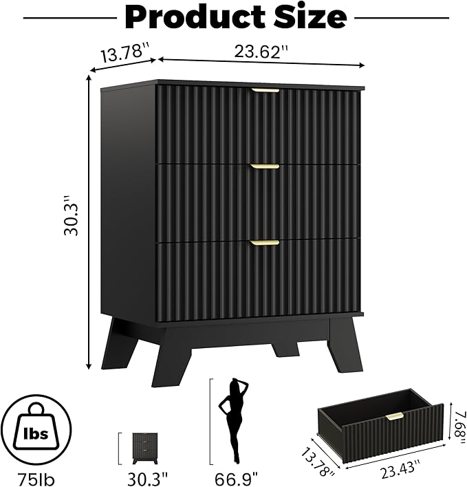 Black Night Stand with 3 Drawers, Bedside Table & End Table, Farmhouse Night - Image 2