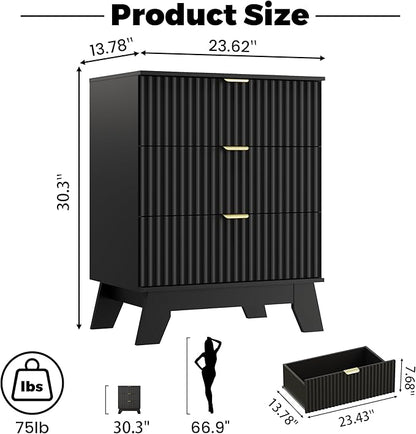 Black Night Stand with 3 Drawers, Bedside Table & End Table, Farmhouse Night - Image 2