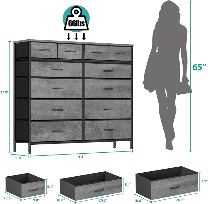 Gray Dresser for Bedroom with 12 Deep Drawers, Wide Chest of Drawers, Tall - Image 3