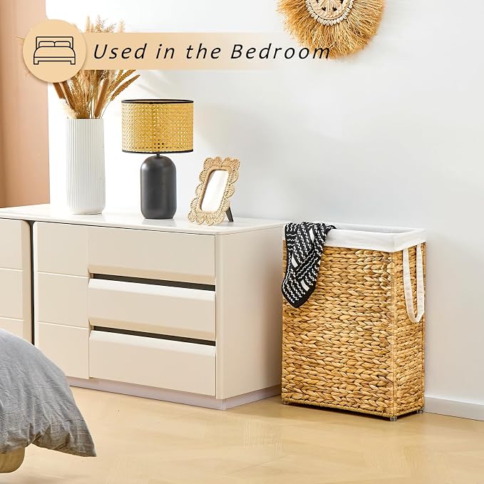 Handwoven Slim Laundry Hamper, 55L Narrow Laundry Basket, Natural Water - Image 4