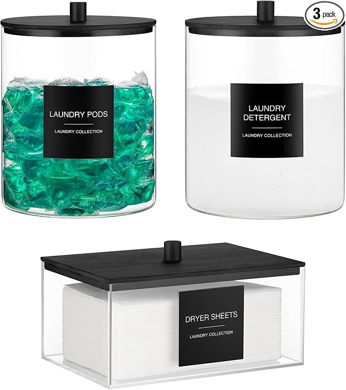 Glass Jars and Acrylic Dryer Sheet Holder, Laundry Pods Container by TIPGO