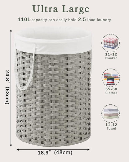 Laundry Basket Round Rattan Laundry Hamper 29.1 Gal Handwoven Large Wicker - Image 5