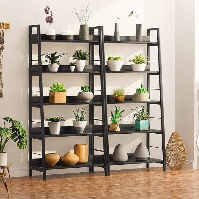 Himimi Black Ladder Bookshelf, 5 Shelf Bookcase Industrial Bookshelf Wood and - Image 6