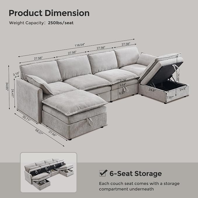 116.54" Sectional Couches for Living Room, Cloud Couch Sectional - Image 2