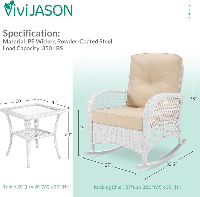 VIVIJASON 3-Piece Outdoor Conversation Bistro Set, Patio Wicker Rocking Chairs - Image 2