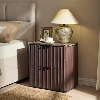 Fluted Nightstand with 2 Drawers, Bedside Table with Faux Marble-Top, - Image 6