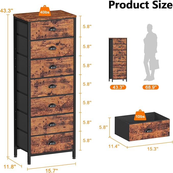 Furnulem Bedroom Dresser with 7 Drawers, Tall Industrial Fabric Chest of Drawers - Image 3