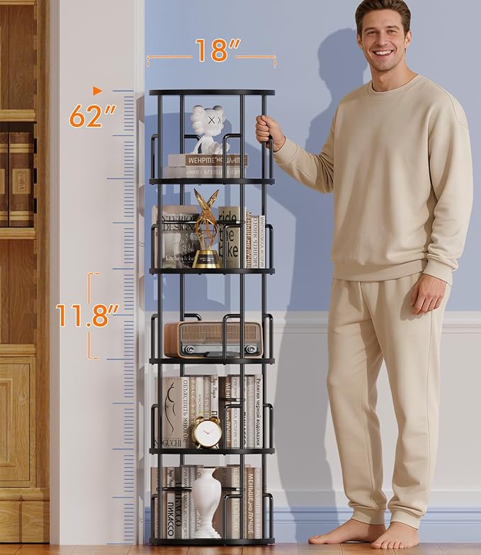 5 Tier Rotating Bookshelf Tower Round Black, 62”Tall Standing Spinning - Image 2