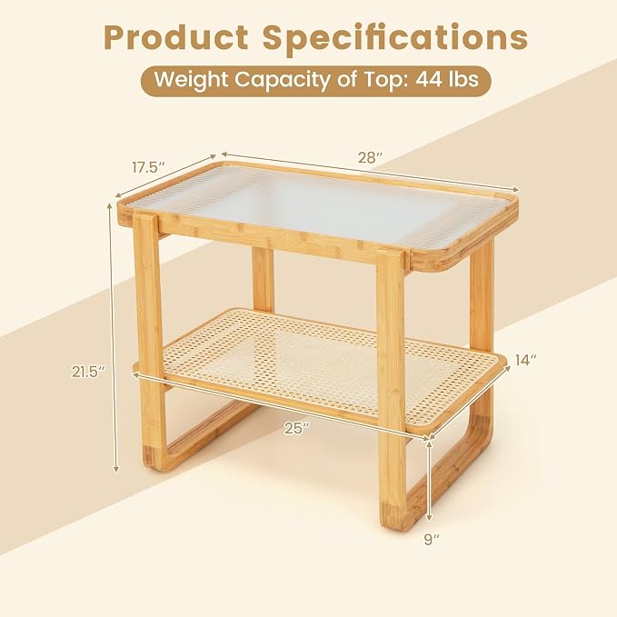 GOFLAME Bamboo Side Table with Glass Top, 2-Tier End Table with PE Rattan - Image 3