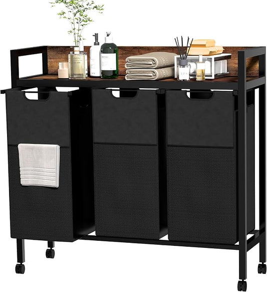 Laundry Sorter 3 Section, 360°Rolling Laundry Basket, 3 Pull-Out and Removable by Serxis