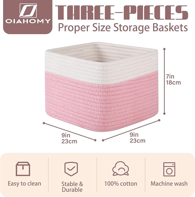 OIAHOMY 9”x9”x7” Storage Cubes, Cotton Rope Woven Baskets - Image 2