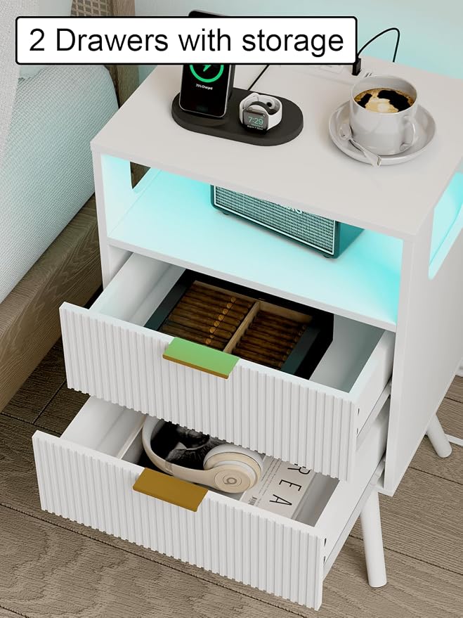 Nightstand with Charging Station and LED Lights, Modern Bedside Table with 2 - Image 7