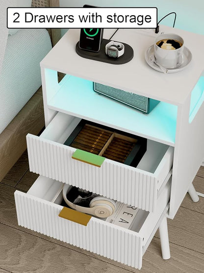 Nightstand with Charging Station and LED Lights, Modern Bedside Table with 2 - Image 7