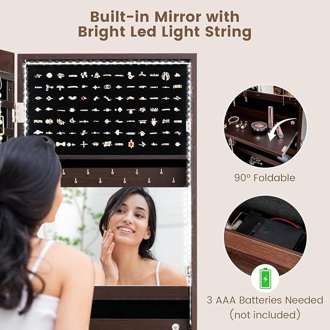 LDAILY 47” LED Jewelry Armoire, Door/Wall Mounted Mirror w/Storage, 4 Shelves - Image 5