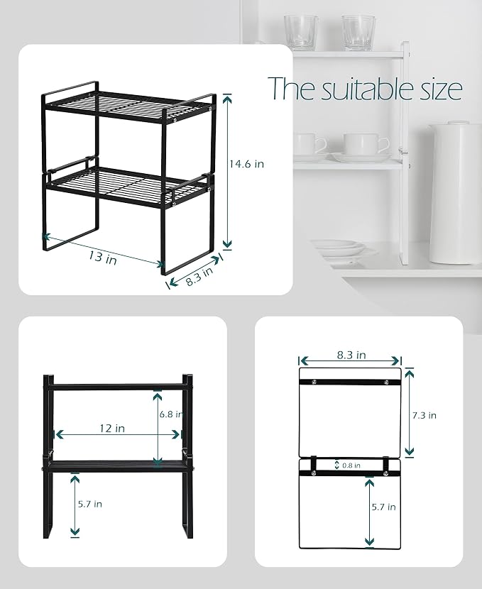 2 Pack Kitchen Cabinet Shelf Counter Organizer Rack Pantry Storage Bathroom - Image 3