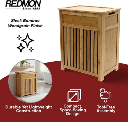 Redmon Bamboo Top Load Full Size Clothes Hamper, Side Handles, Double Hinged - Image 2