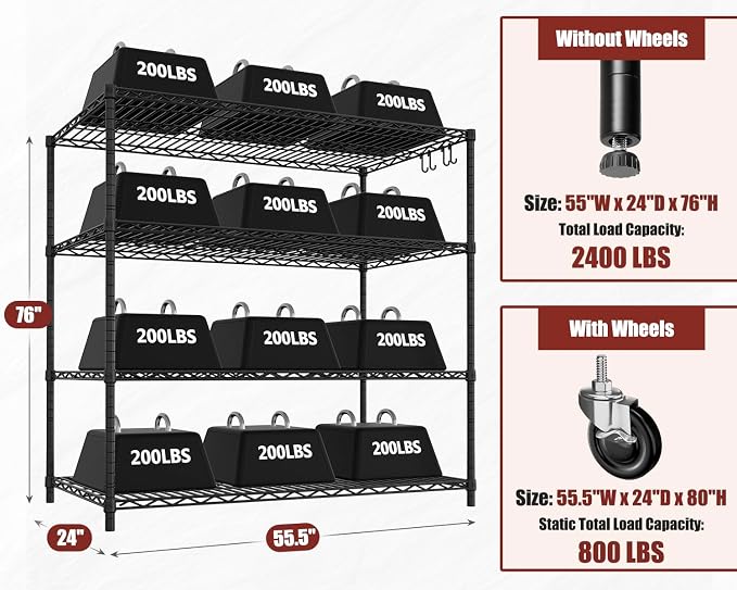 PrimeZone 4 Packs 55.5" W x 24" D x 80" H Heavy Duty Wire Storage Shelves - Image 3