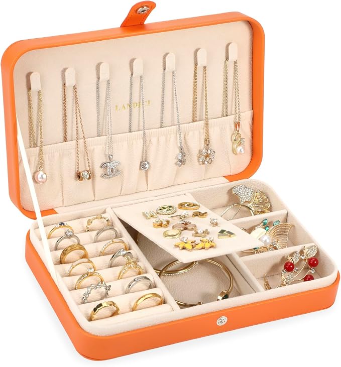 LANDICI Small Jewelry Box for Women Girls, PU Leather Travel Jewelry Case by LANDICI