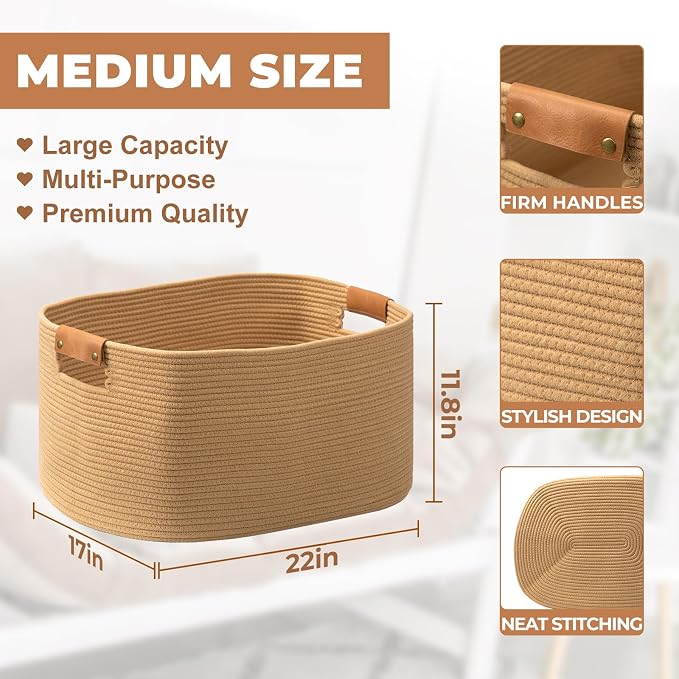 danpinera Large Blanket Basket for Living Room, 72 L Woven Cotton Rope Baskets - Image 2
