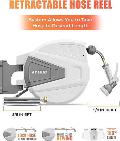 Ayleid Retractable Garden Hose Reel, 5/8 in x 100 FT Wall Mounted Hose Reel - Image 2