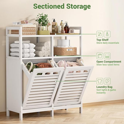 Homykic Tilt Out Laundry Hamper Cabinet, Bamboo Double Laundry Hamper - Image 6