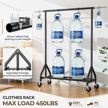 Heavy Duty Clothes Rack Load 450 LBS, Metal Garment Rack, Standing Rolling - Image 2