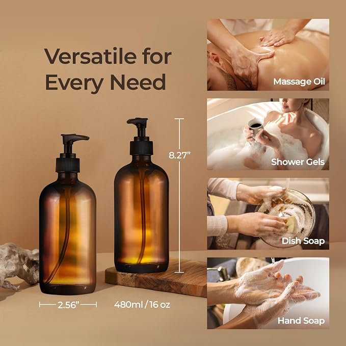 SOUL ONE 16oz Amber Glass Hand Soap Dispenser, 2 Pack - Image 3