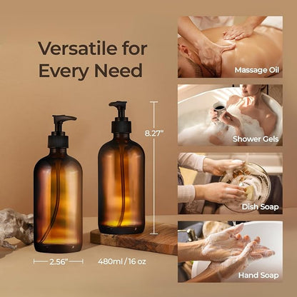 SOUL ONE 16oz Amber Glass Hand Soap Dispenser, 2 Pack - Image 3