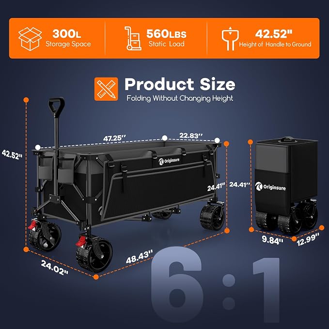 48" L Folding Beach Wagon Cart Foldable, 560lbs Weight Capacity 300L Heavy Duty - Image 2