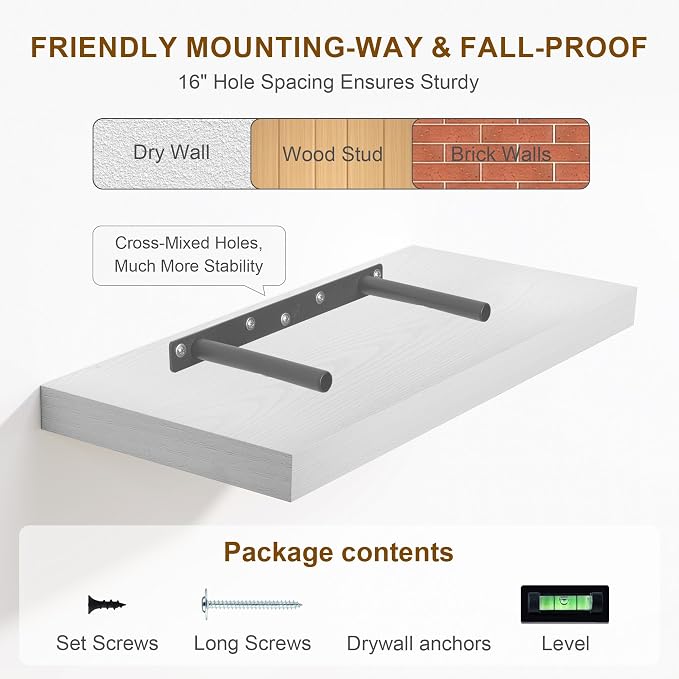 Fun Memories White Floating Shelves, 8 Inch Deep Wall Shelves Set of 2 - Image 7