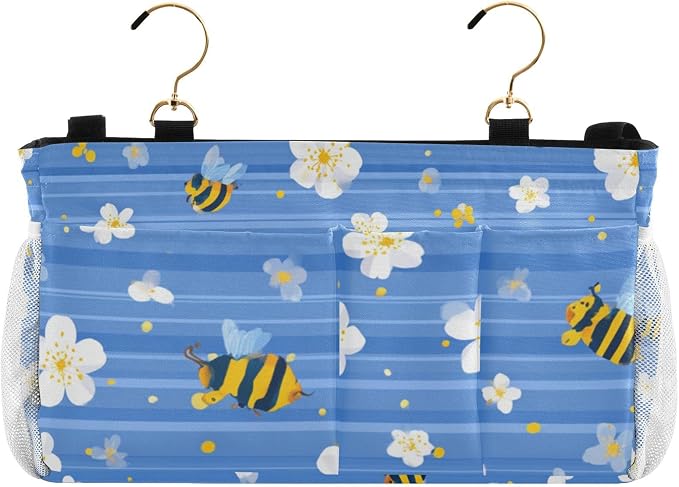 Blue Striped Sakura Bees Bedside Caddy by QwThum